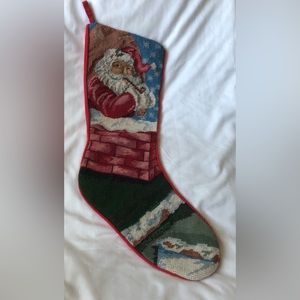 Vintage Wool Needlepoint Santa Teddy Bear & Gifts Snowing Stocking 21”